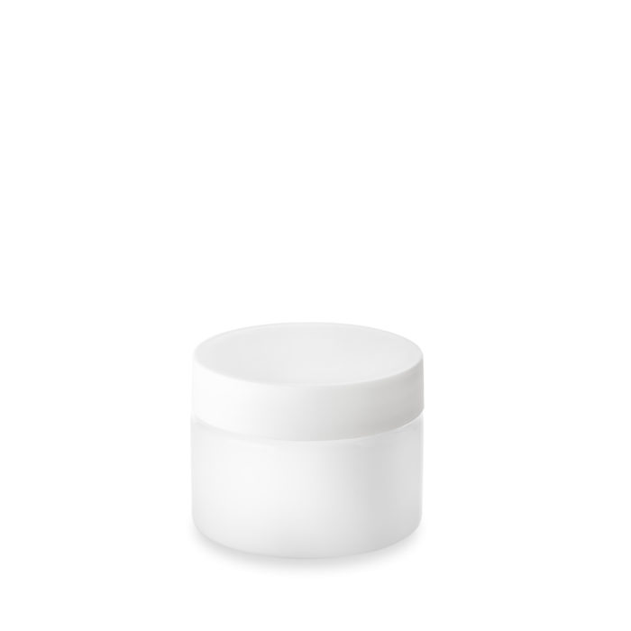 Couvercle blanc thermodur GCMI 58/400 sur son pot cosmétique en verre opale 50 ml