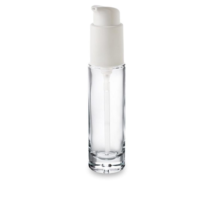 Flacon cosmétique en verre Premium 50 ml bague GCMI 24/410 avec sa pompe ergonomique
