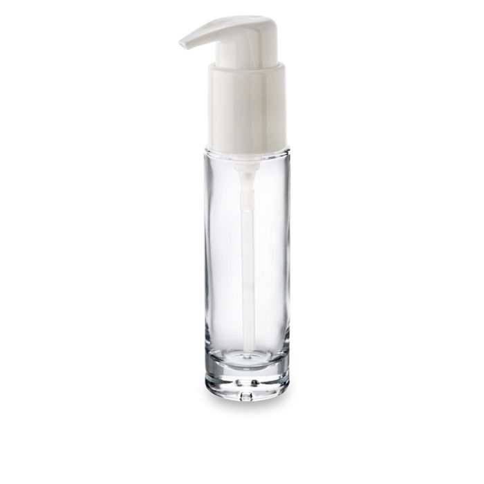 Flacon cosmétique verre Premium 50 ml bague GCMI 24/410 avec sa pompe bec long