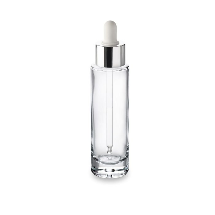 Flacon verre Premium 50 ml bague GCMI 24/410 et son compte-gouttes blanc col argent : Cosmétique de luxe