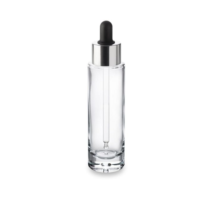 Flacon verre Premium 50 ml et son compte-gouttes noir col argent : Cosmétique de luxe