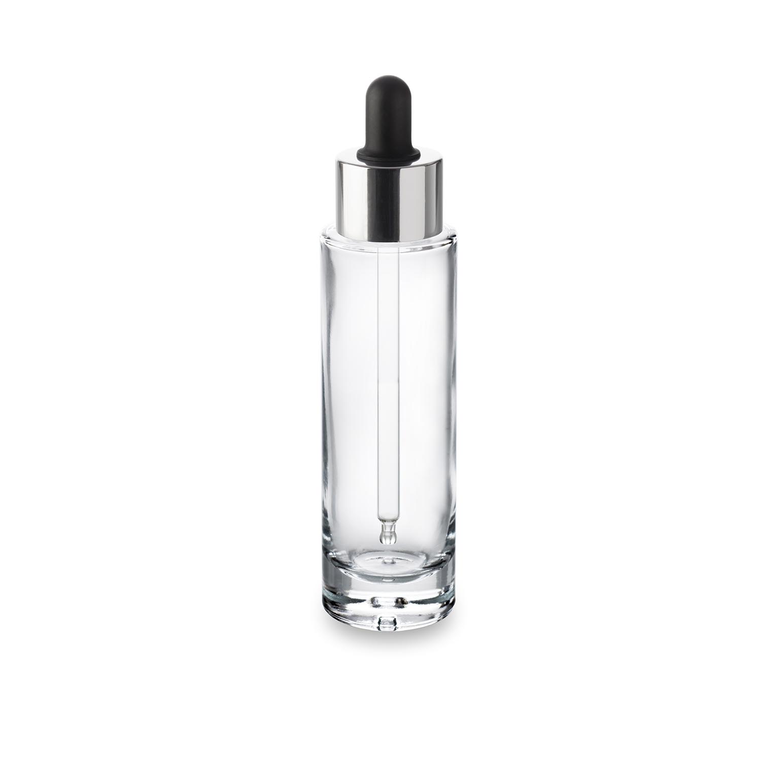 17.3_fla-pre50_cg-ppch24an_-_flacon_verre_épais_50_ml_et_compte-goutte_24- Flacon verre Premium 50 ml et son compte-gouttes noir col argent : Cosmétique de luxe