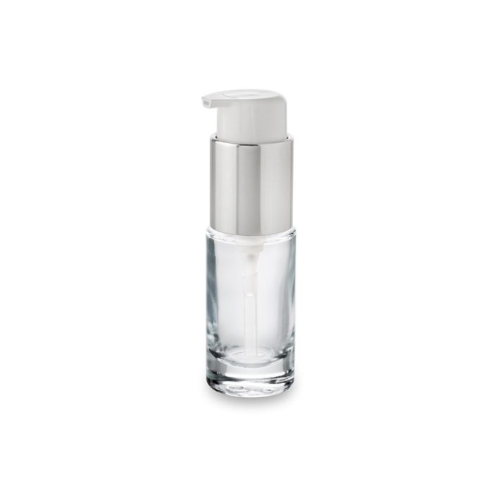 Flacon cosmétique en verre Premium 30 ml bague GCMI 24/410 avec sa pompe bec court col argent