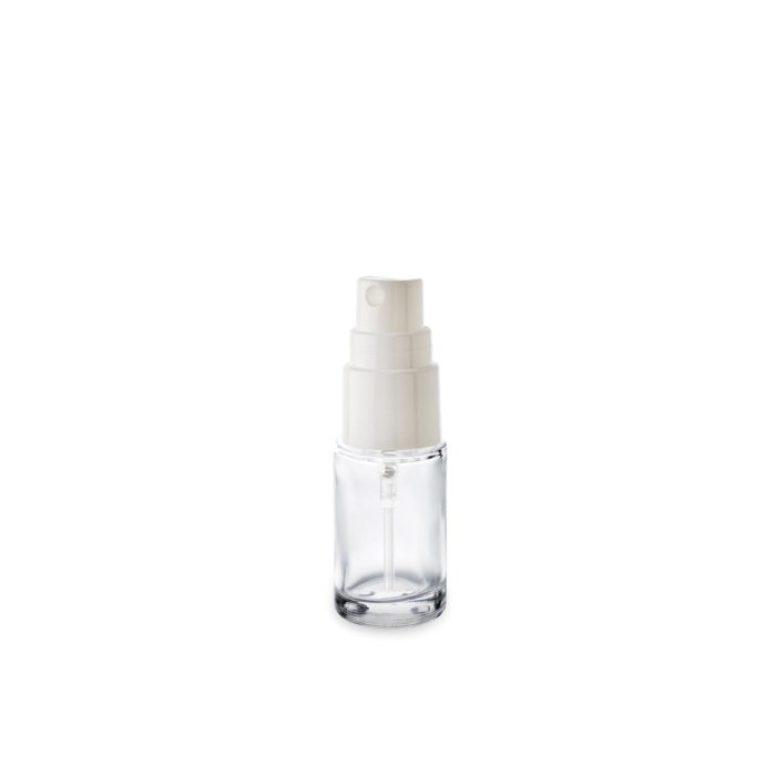La pompe spray blanche en pp d'Embalforme s'accordera parfaitement avec le flacon Aurore 15 ml bague GCMI 18/415.