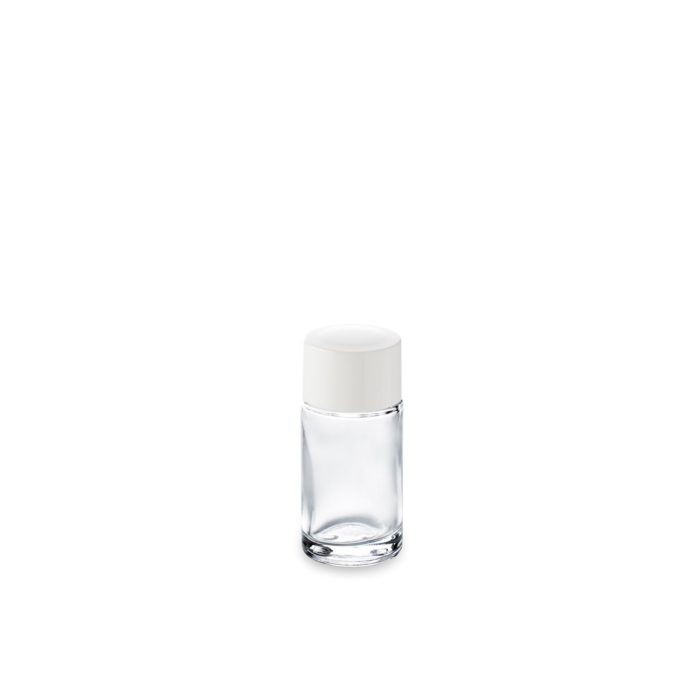 Bouchon plat blanc en thermodur sur le flacon en verre 15 ml bague GCMI 18/415