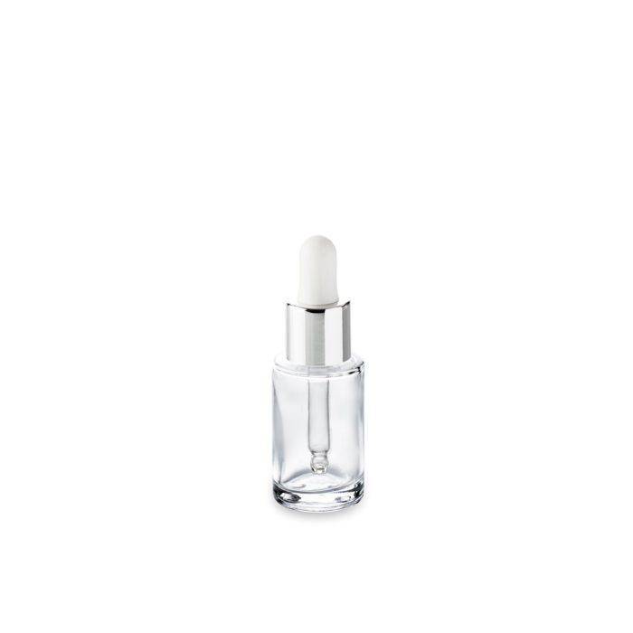 Flacon en verre 15 ml GCMI 18/415 et son compt-gouttes blanc col argent