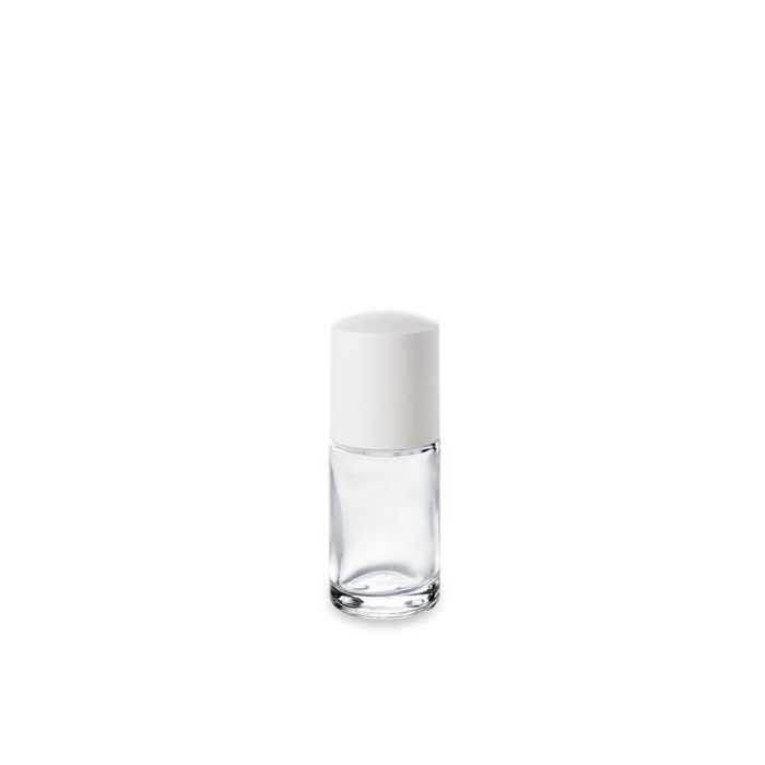 Echantillon ou petit format, le flacon verre 15 ml et son bouchon haut blanc en thermodur.