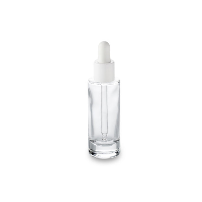 Le flacon Aurore 30 ml GCMI 18/415 et son compt-gouttes blanc col fin pour un packaging petit format signé Embalforme.