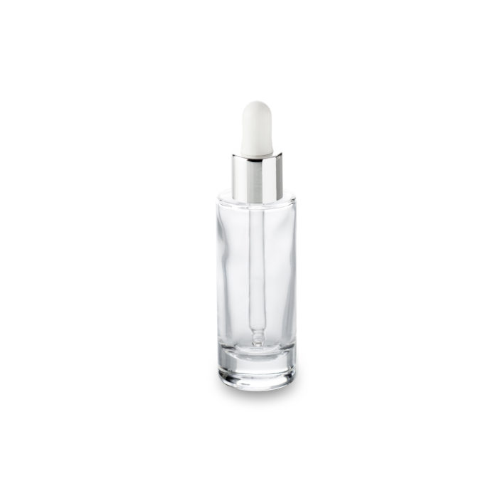 Flacon cosmétique en verre Aurore 30 ml GCMI 18/415 et son compt-gouttes blanc col argentpour un packaging petit format signé Embalforme.