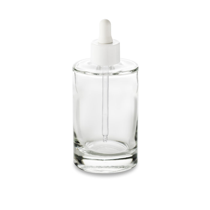 Flacon en verre 100 ml Bulle pour cosmétique avec sa bague GCMI 18/415 avec son compte-gouttes large blanc