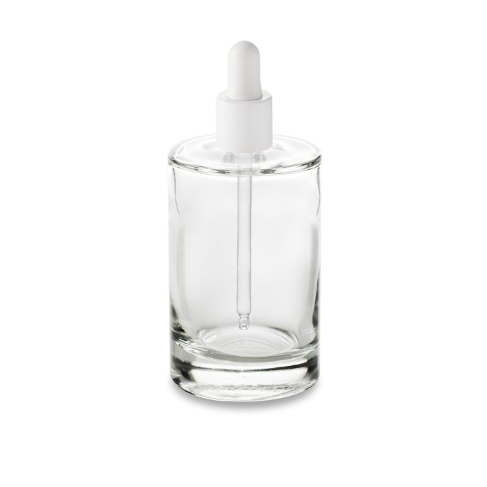Flacon cosmétique en verre 100 ml Bulle bague GCMI 18/415 avec son compte-gouttes blanc