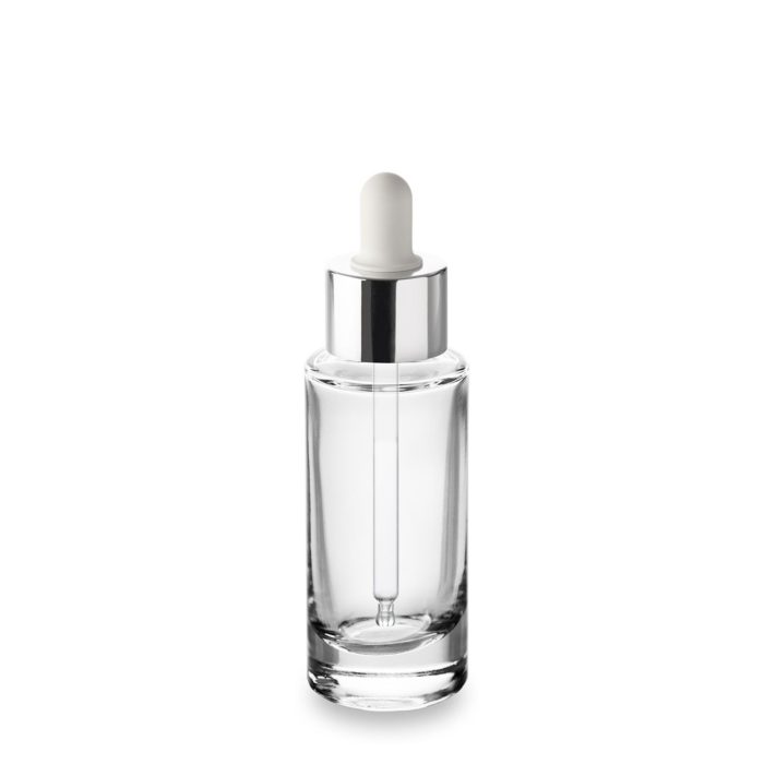 Flacon en verre 30 ml et compte-gouttes blanc col argent