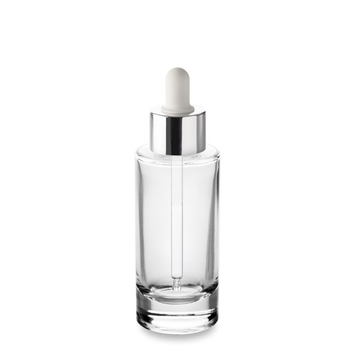 Compte-gouttes blanc col argent grande précision avec le flacon verre Atome 50 ml bague GCMI 24/410