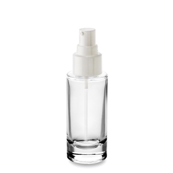 Flacon Atome 50 ml bague GCMI 24/410 en verre recyclable avec sa pompe crème buse