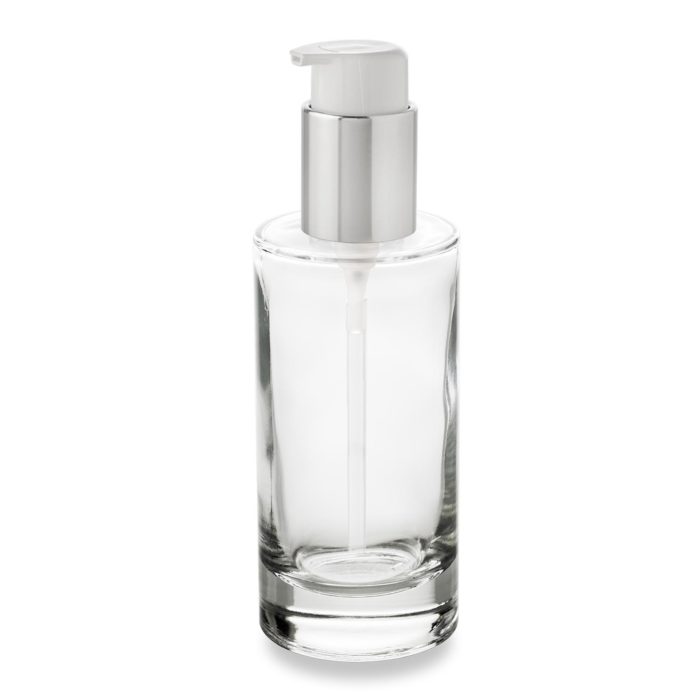 Flacon 100 ml bague GCMI 24/410 en verre PCR et une pompe chapée métal