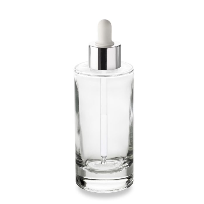 Compte-gouttes blanc chapé métal avec le flacon 100 ml bague GCMI 24/410