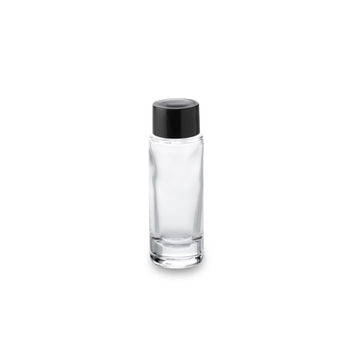 Bouchon plat noir en thermodur avec un flacon verre 30 ml bague GCMI 18/415