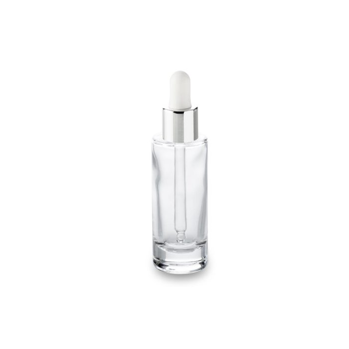 Flacon cosmétique en verre 30 ml GCMI 18/415 et son compte-gouttes blanc col argent