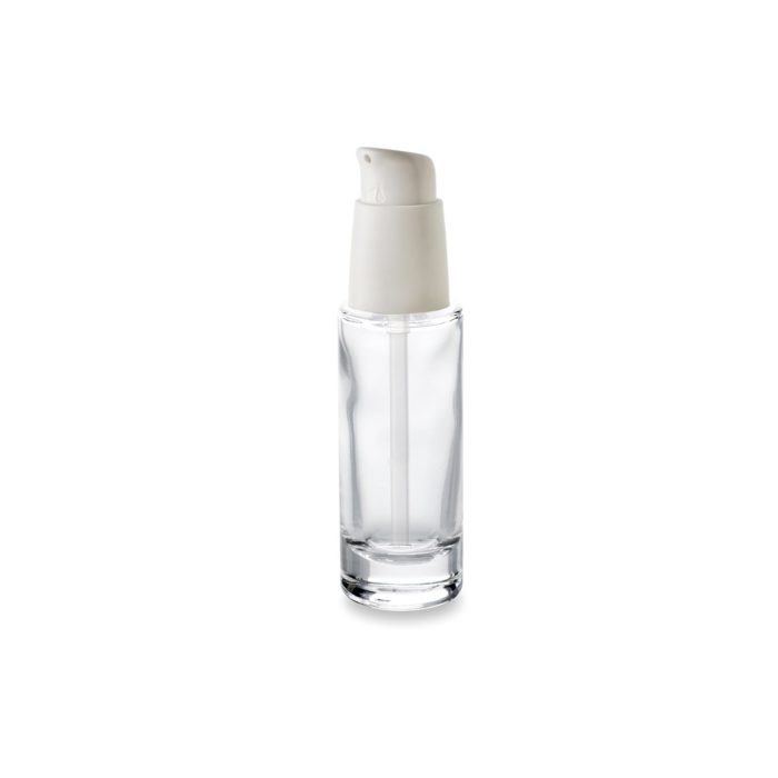 Flacon cosmétique en verre 30 ml GCMI 18/415 et sa pompe ergonomique