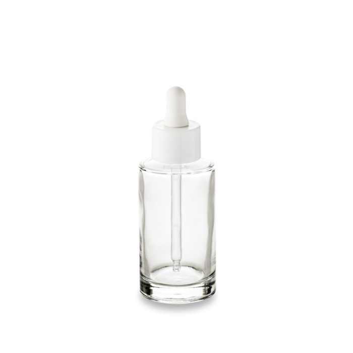 Compte-gouttes large blanc pour distribuer vos huiles et sérums avec le flacon verre Orion 50 ml bague GCMI 18/415