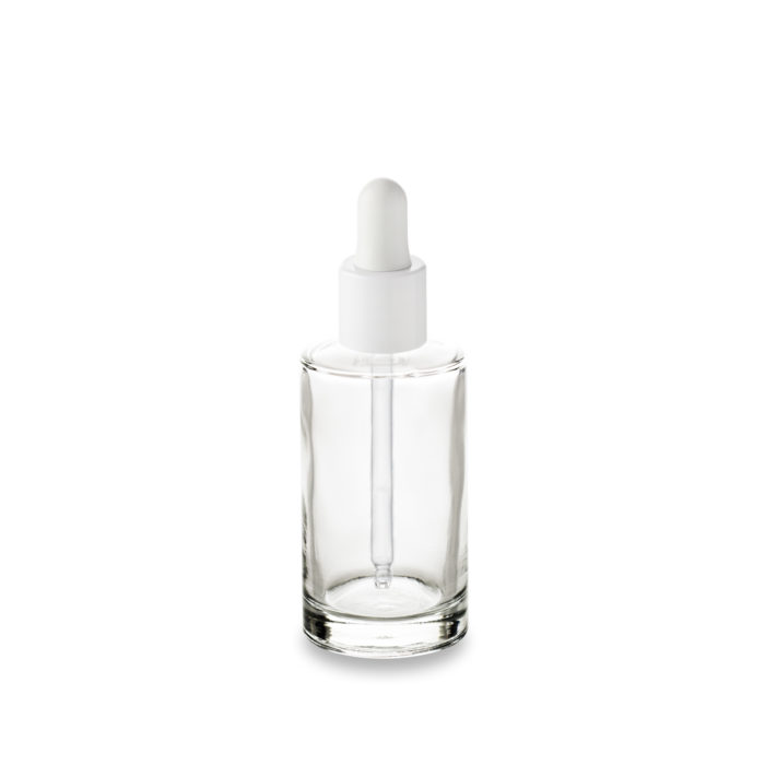 Compte-gouttes étroit blanc pour distribuer vos huiles et sérums avec le flacon verre Orion 50 ml bague GCMI 18/415