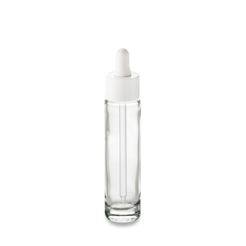 Le flacon Comète 30 ml GCMI 18/415 et son compt-gouttes blanc col large pour un packaging classe signé Embalforme.