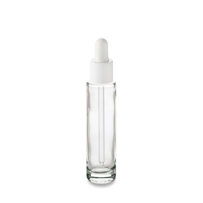 Le flacon Comète 30 ml GCMI 18/415 et son compt-gouttes blanc col fin pour un packaging classe signé Embalforme.