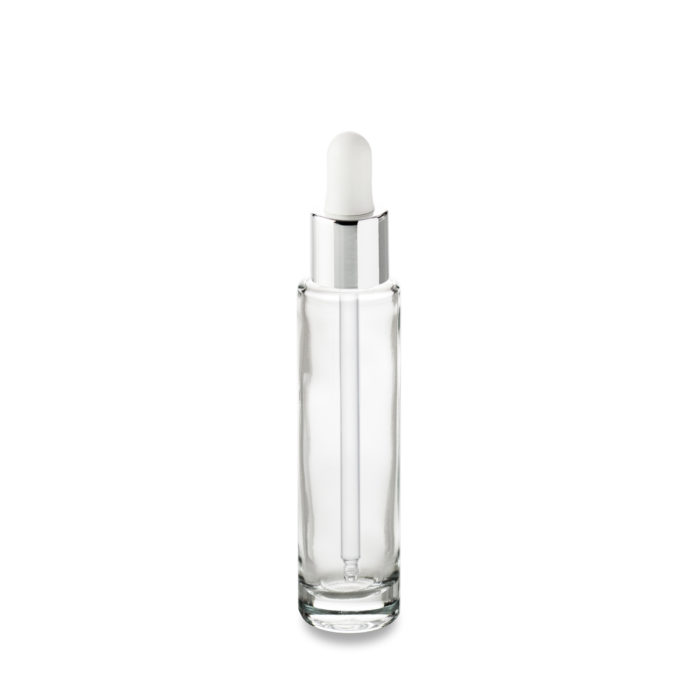 Le flacon Comète 30 ml GCMI 18/415 et son compt-gouttes blanc col argent pour un packaging classe signé Embalforme.