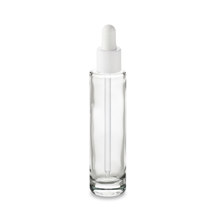 Le flacon Comète 50 ml GCMI 18/415 et son compt-gouttes blanc col fin pour un packaging petit format signé Embalforme.