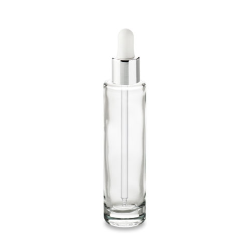 Le flacon Comète 50 ml GCMI 18/415 et son compt-gouttes blanc col argent pour un packaging petit format signé Embalforme.