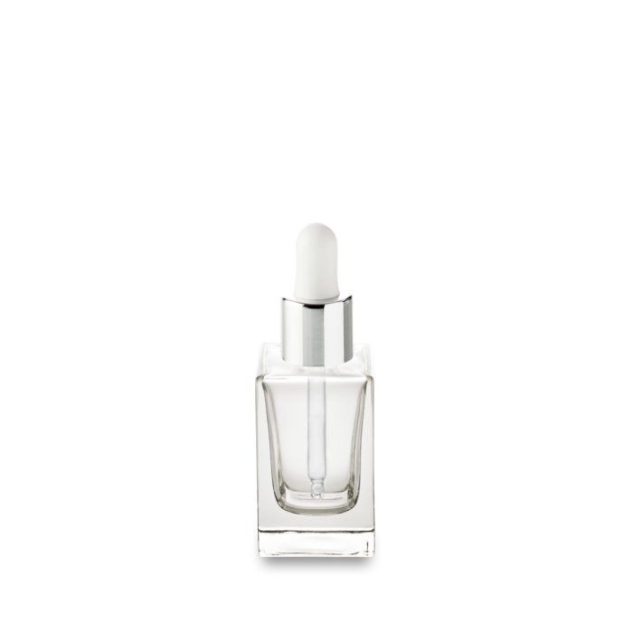 Flacon en verre 30 ml GCMI 18/415 et son compte-gouttes blanc col argent