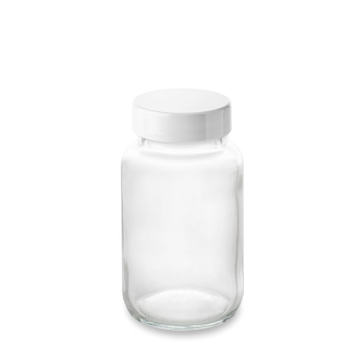 Pilulier en verre 100 ml et son couvercle blanc en thermodur