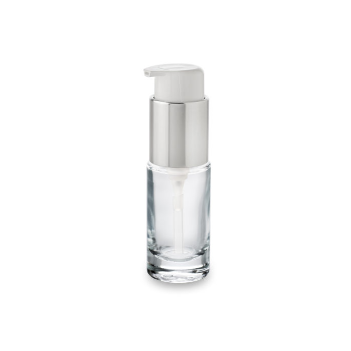 Flacon cosmétique en verre Premium 30 ml bague GCMI 24/410 avec sa pompe bec court col argent pour un packaging élégant
