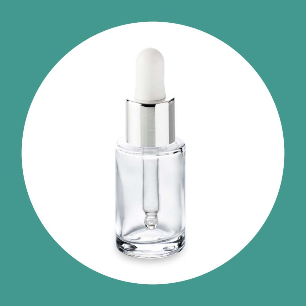 flacon cosmétique en verre 15 ml et compte-gouttes chapé métal