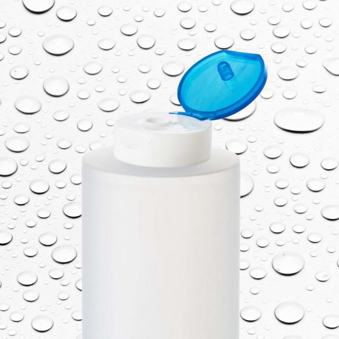 Un flacon en plastique avec un bouchon flip top bleu et blanc