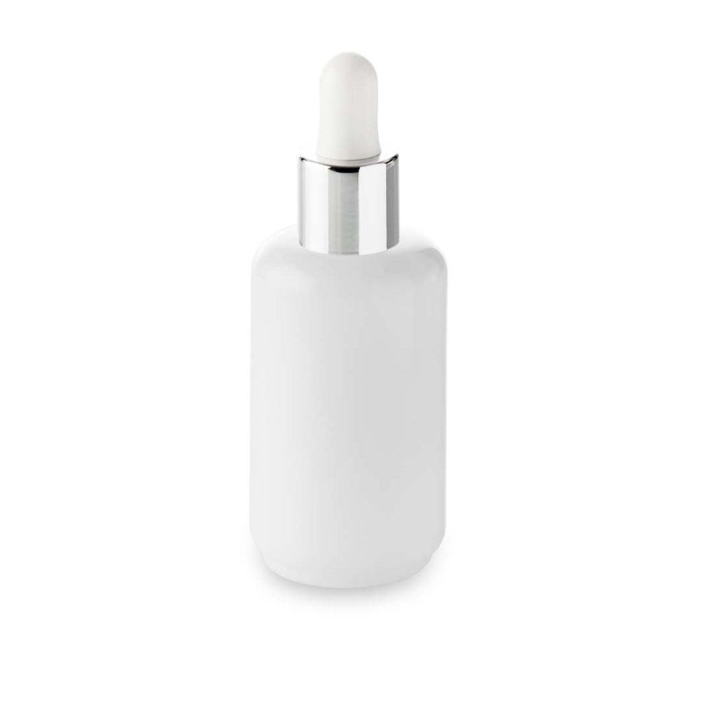 flacon cosmétique verre opale, opaline 30 ml et compte-gouttes col argent